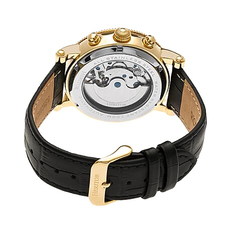 Heritor Winston Automatic Movt. 10ATM Water Resistance White - Gold Dial Mens Watch with Black Leather Strap