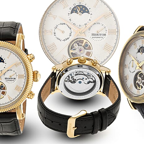 Heritor Winston Automatic Movt. 10ATM Water Resistance White - Gold Dial Mens Watch with Black Leather Strap