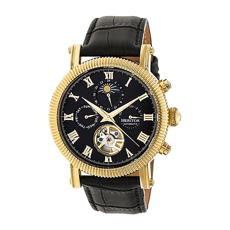 Heritor Winston Automatic Movt. 5ATM Water Resistance Black - Gold Dial Mens Watch with Black Leather Strap