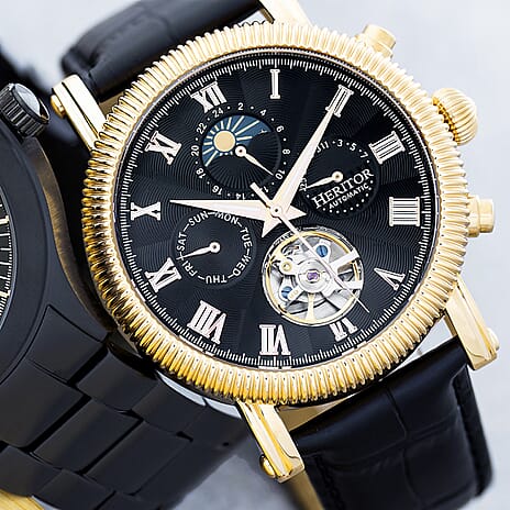 Heritor Winston Automatic Movt. 5ATM Water Resistance Black - Gold Dial Mens Watch with Black Leather Strap