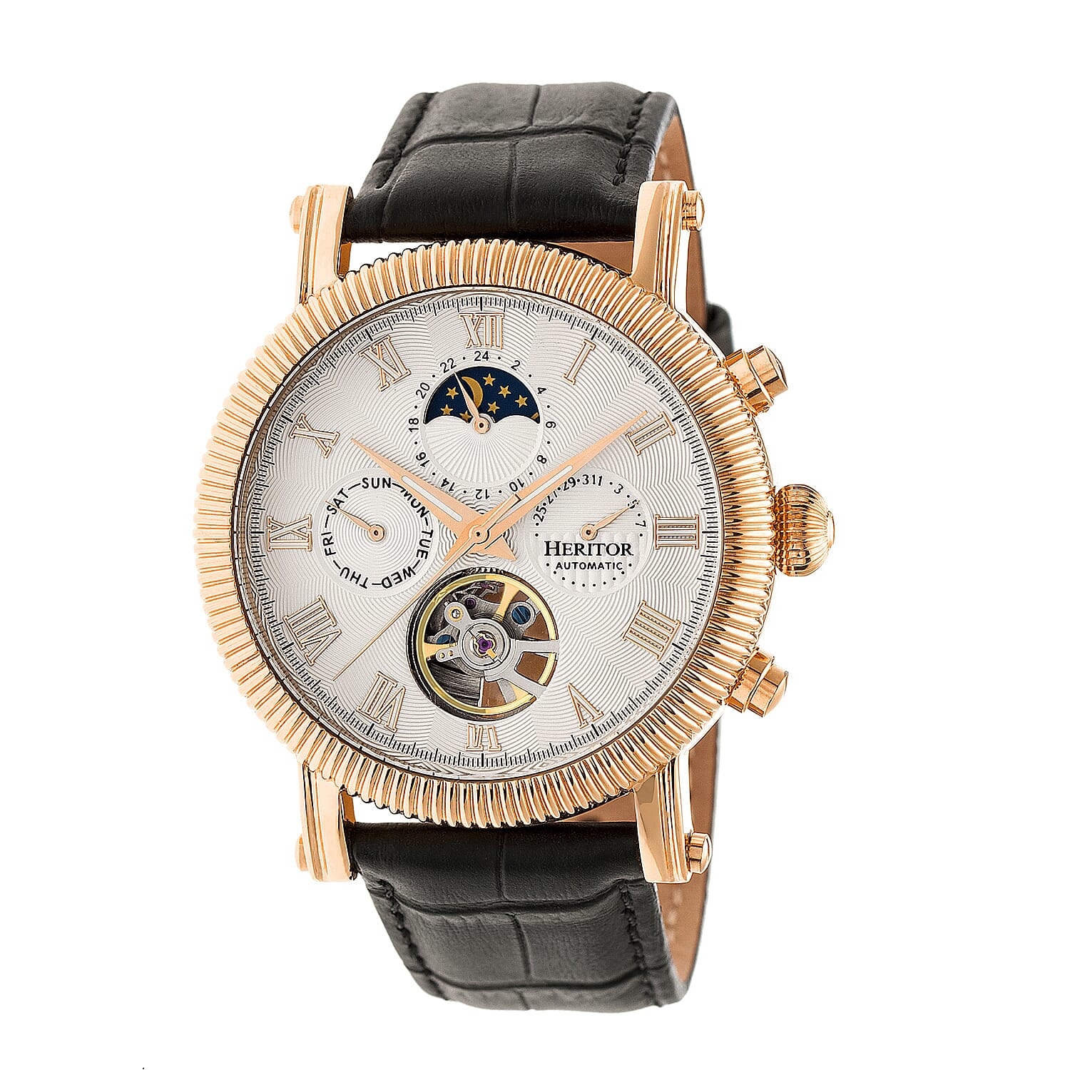 Heritor Winston Automatic Movt. 5ATM Water Resistance White - Rose Dial Mens Watch with Black Leather Strap