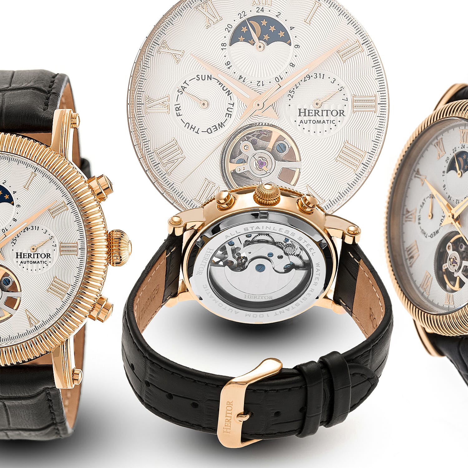 Heritor Winston Automatic Movt. 5ATM Water Resistance White - Rose Dial Mens Watch with Black Leather Strap