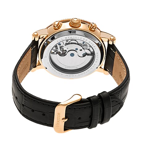 Heritor Winston Automatic Movt. 5ATM Water Resistance White - Rose Dial Mens Watch with Black Leather Strap