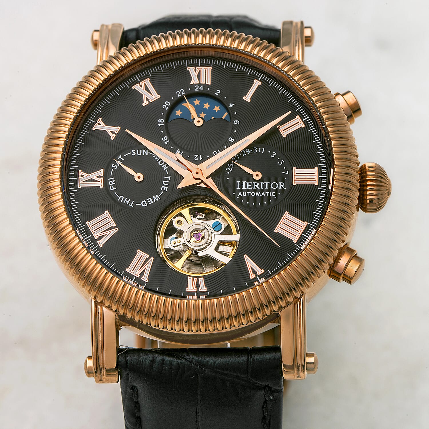 Heritor Winston Automatic Movt. 5ATM Water Resistance Black - Rose Dial Mens Watch with Black Leather Strap