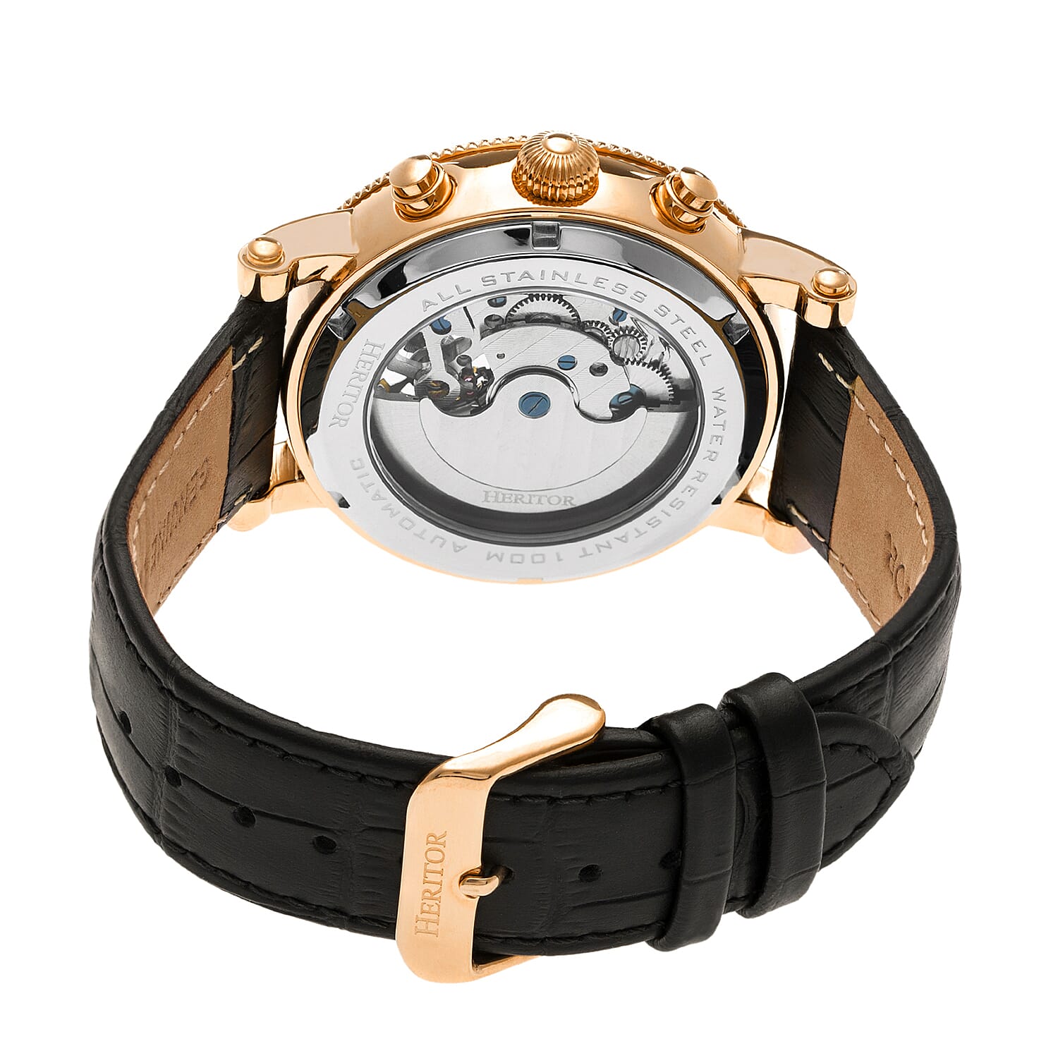 Heritor Winston Automatic Movt. 5ATM Water Resistance Black - Rose Dial Mens Watch with Black Leather Strap