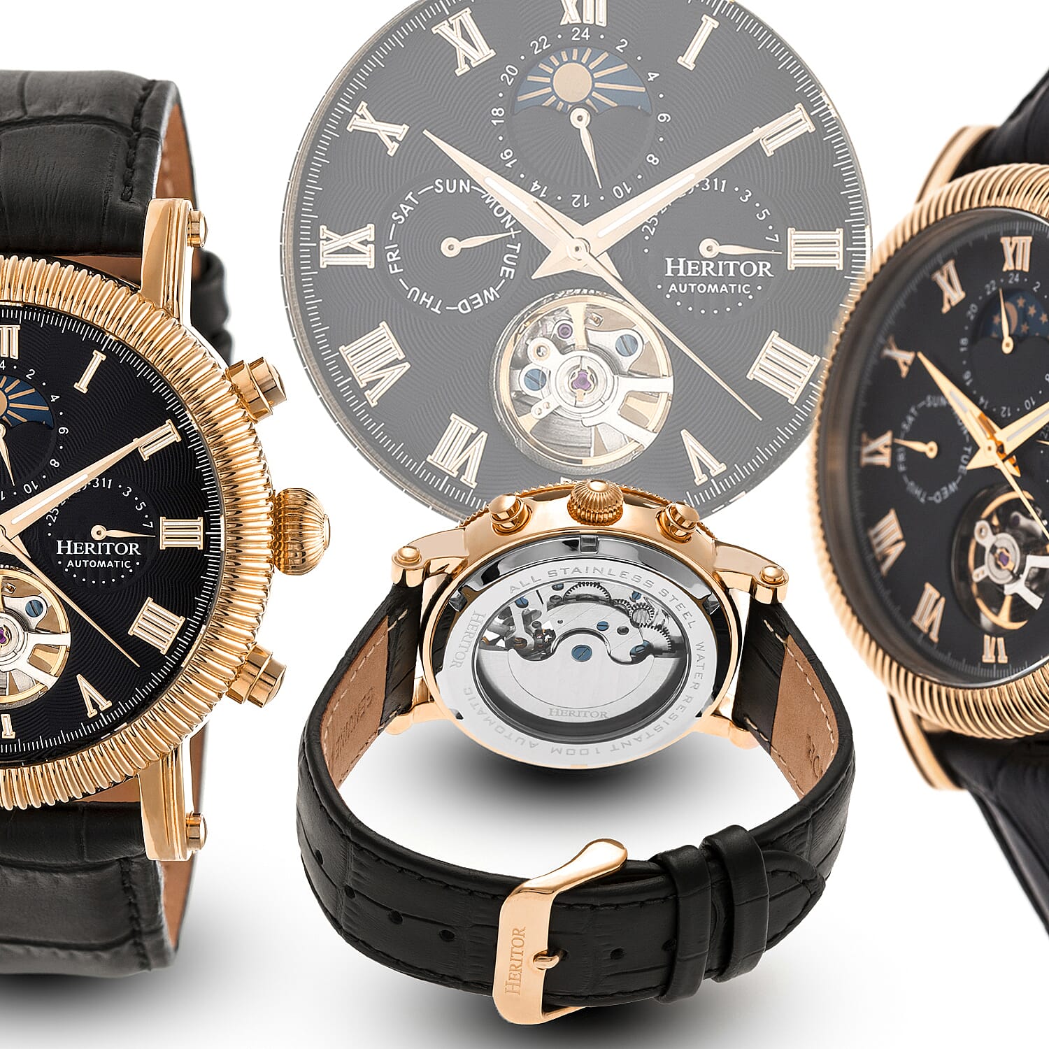 Heritor Winston Automatic Movt. 5ATM Water Resistance Black - Rose Dial Mens Watch with Black Leather Strap