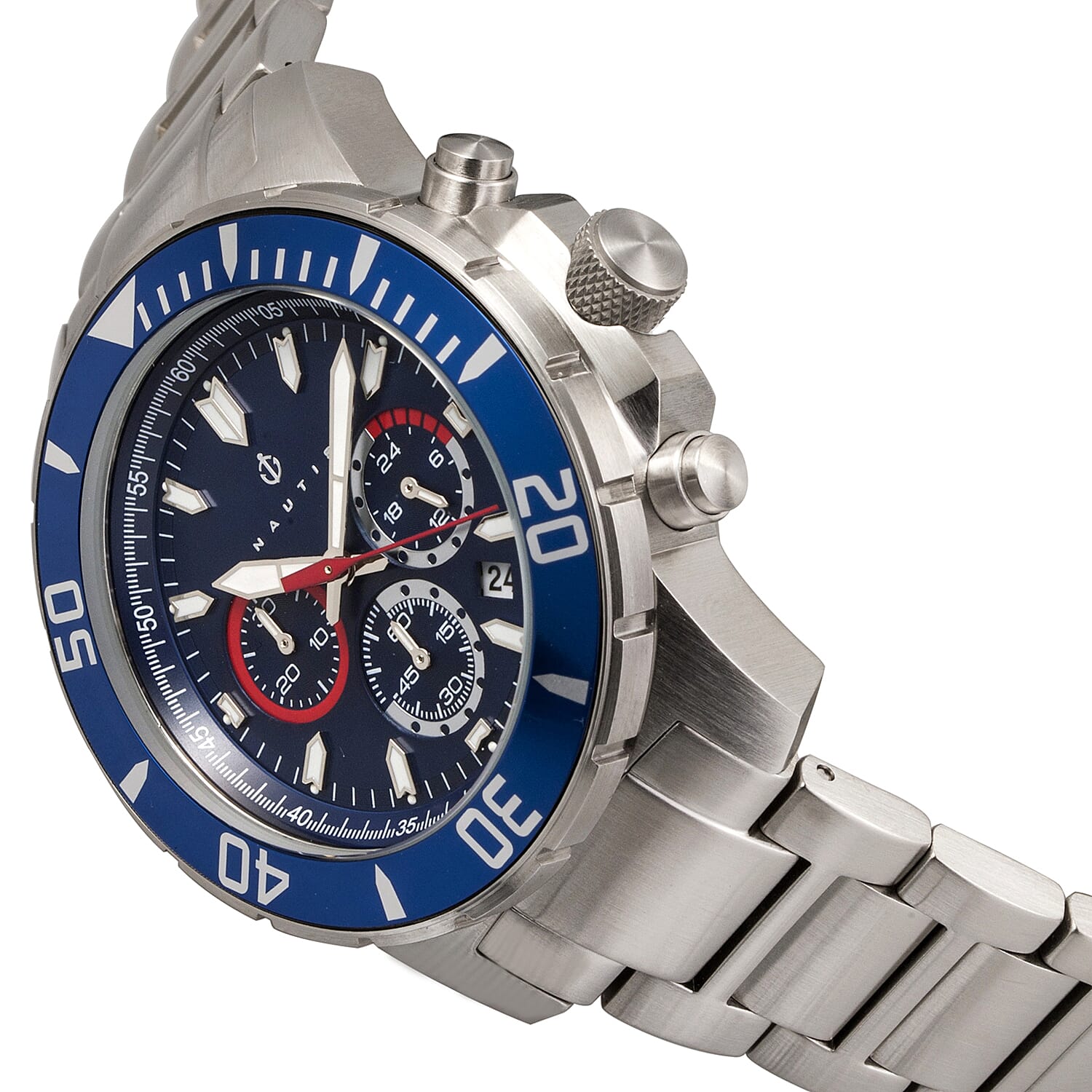 NAUTIS Dive Chrono 500 Quartz 50ATM WR Blue Dial - Silver Case Mens Watch with Silver Stainless Steel Strap