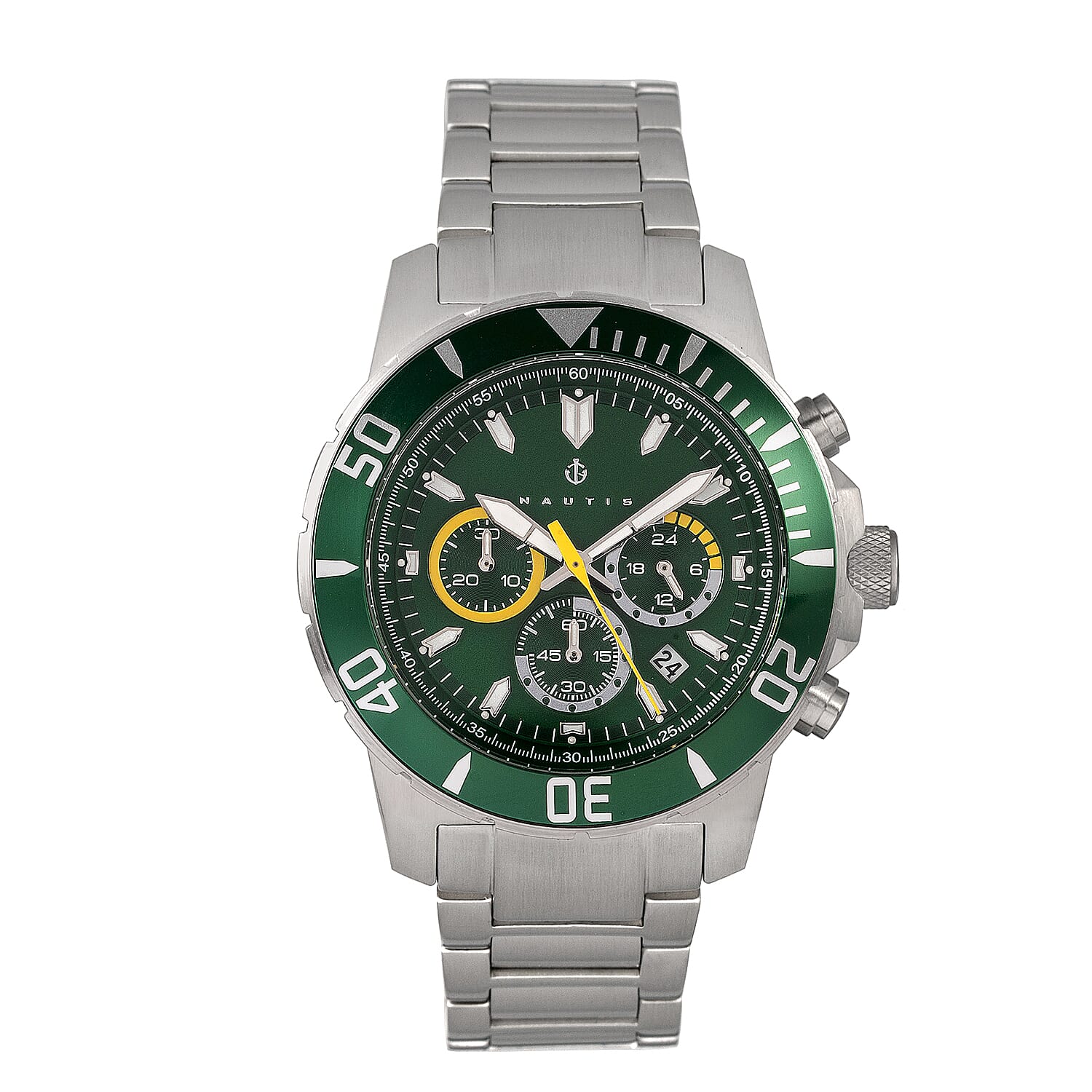 NAUTIS Dive Chrono 500 Quartz 50ATM WR Green Dial - Silver Case Mens Watch with Silver Stainless Steel Strap