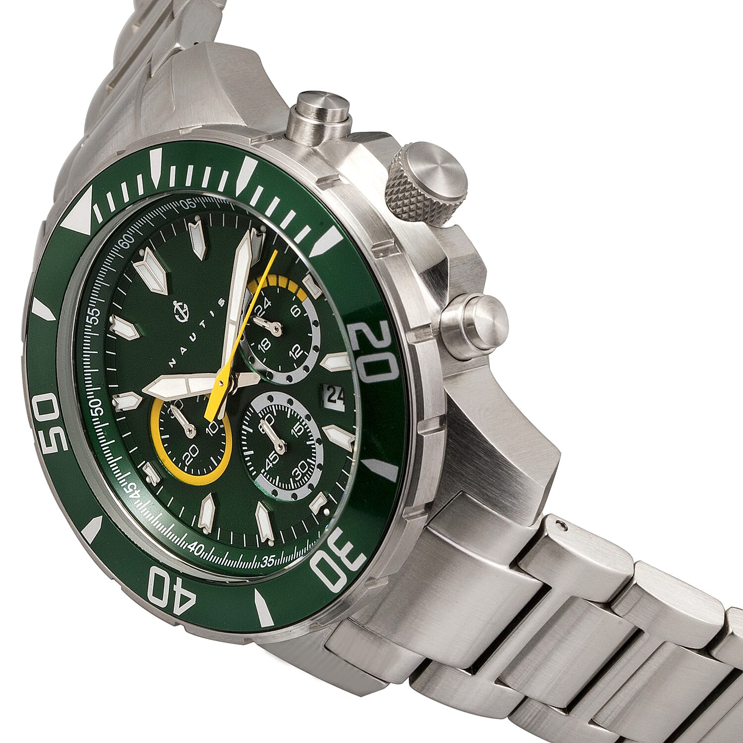 NAUTIS Dive Chrono 500 Quartz 50ATM WR Green Dial - Silver Case Mens Watch with Silver Stainless Steel Strap