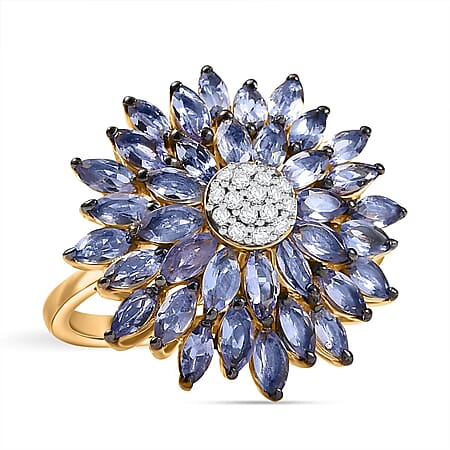 Tanzanite, Moissanite Cluster Ring in 18K YG VermeilSterling Silver, Silver Wt.5 Gms  3.122  Ct.