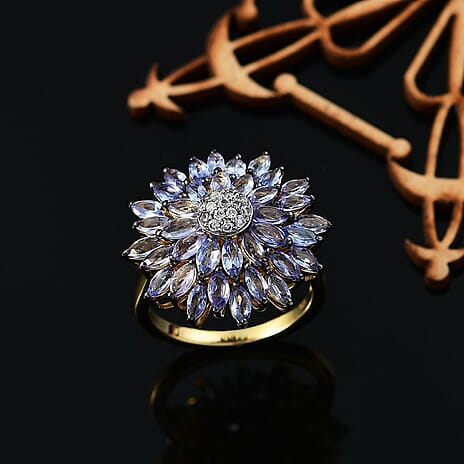 Tanzanite, Moissanite Cluster Ring in 18K YG VermeilSterling Silver, Silver Wt.5 Gms  3.122  Ct.