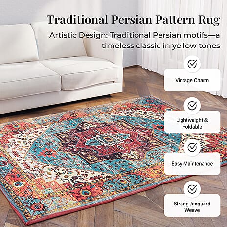 Hush Heven Vintage Printed Chenille Area Rug with Non-Slip Backing (180x120cm) - Red & Multicolor