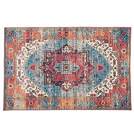 Hush Heven Vintage Printed Chenille Area Rug with Non-Slip Backing (180x120cm) - Red & Multicolor