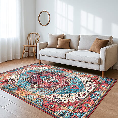Hush Heven Vintage Printed Chenille Area Rug with Non-Slip Backing (180x120cm) - Red & Multicolor