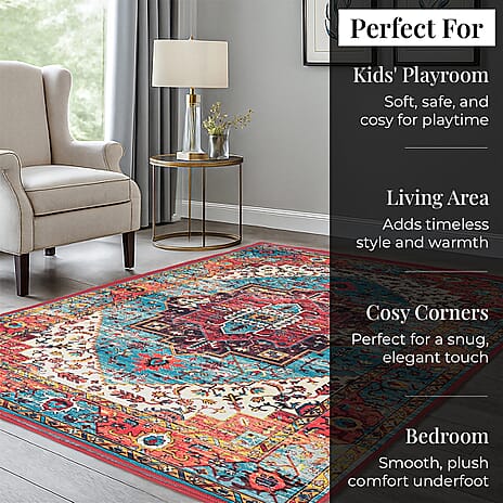 Hush Heven Vintage Printed Chenille Area Rug with Non-Slip Backing (180x120cm) - Red & Multicolor