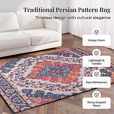 Hush Heven Vintage Printed Chenille Area Rug with Non-Slip Backing (180x120cm) - Blue & Multicolor