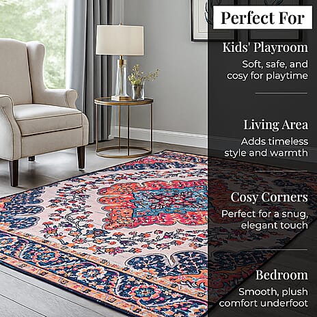 Hush Heven Vintage Printed Chenille Area Rug with Non-Slip Backing (180x120cm) - Blue & Multicolor