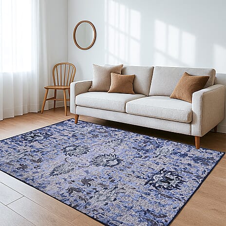 Hush Heven Vintage Printed Chenille Area Rug with Non-Slip Backing (180x120cm) - Blue, Black & White