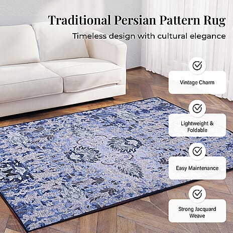 Hush Heven Vintage Printed Chenille Area Rug with Non-Slip Backing (180x120cm) - Blue, Black & White