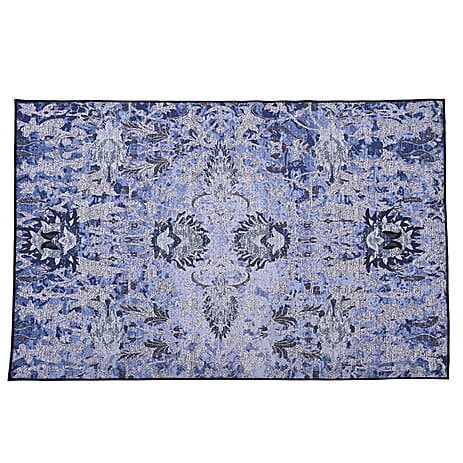 Hush Heven Vintage Printed Chenille Area Rug with Non-Slip Backing (180x120cm) - Blue, Black & White