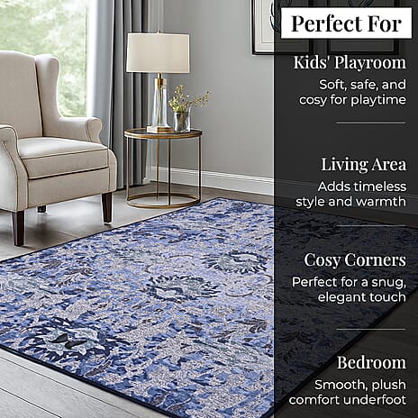 Hush Heven Vintage Printed Chenille Area Rug with Non-Slip Backing (180x120cm) - Blue, Black & White