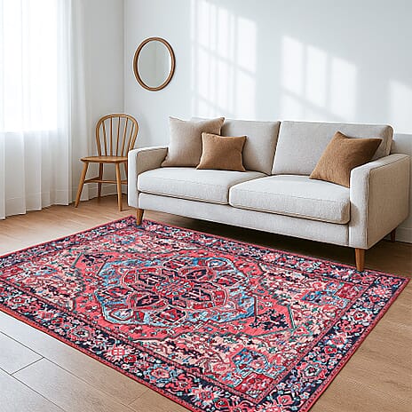 Hush Heven Vintage Printed Chenille Area Rug with Non-Slip Backing (180x120cm) - Red & Multicolor