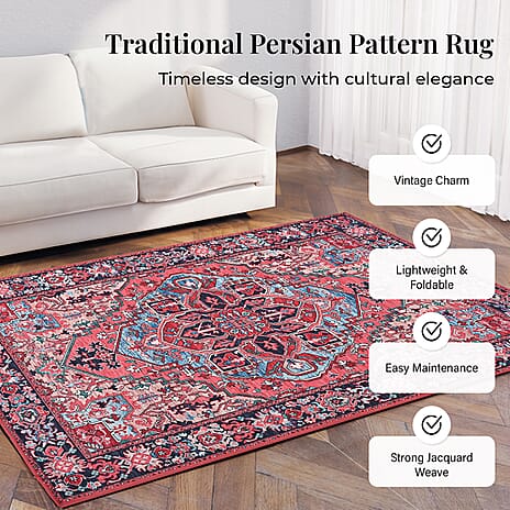 Hush Heven Vintage Printed Chenille Area Rug with Non-Slip Backing (180x120cm) - Red & Multicolor