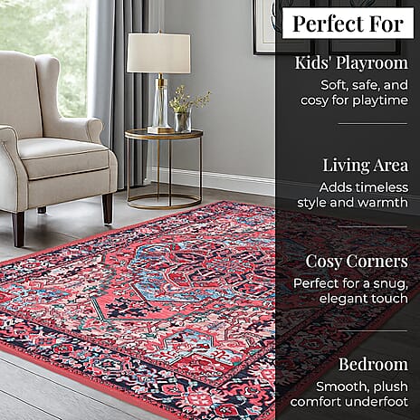 Hush Heven Vintage Printed Chenille Area Rug with Non-Slip Backing (180x120cm) - Red & Multicolor