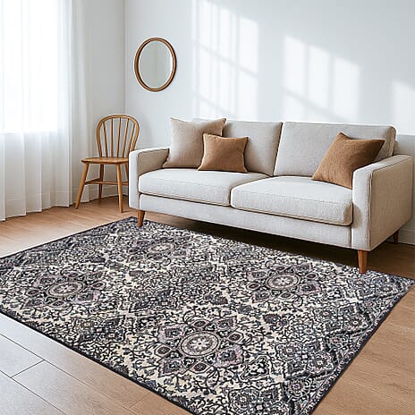 Hush Heven Vintage Printed Chenille Area Rug with Non-Slip Backing (180x120cm) - Grey