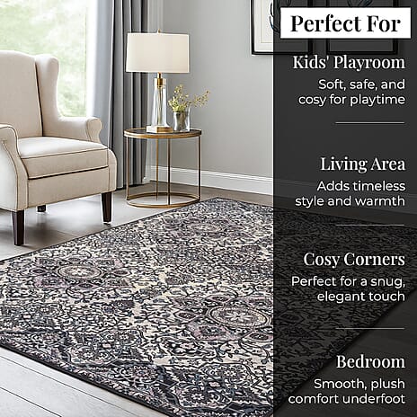 Hush Heven Vintage Printed Chenille Area Rug with Non-Slip Backing (180x120cm) - Grey