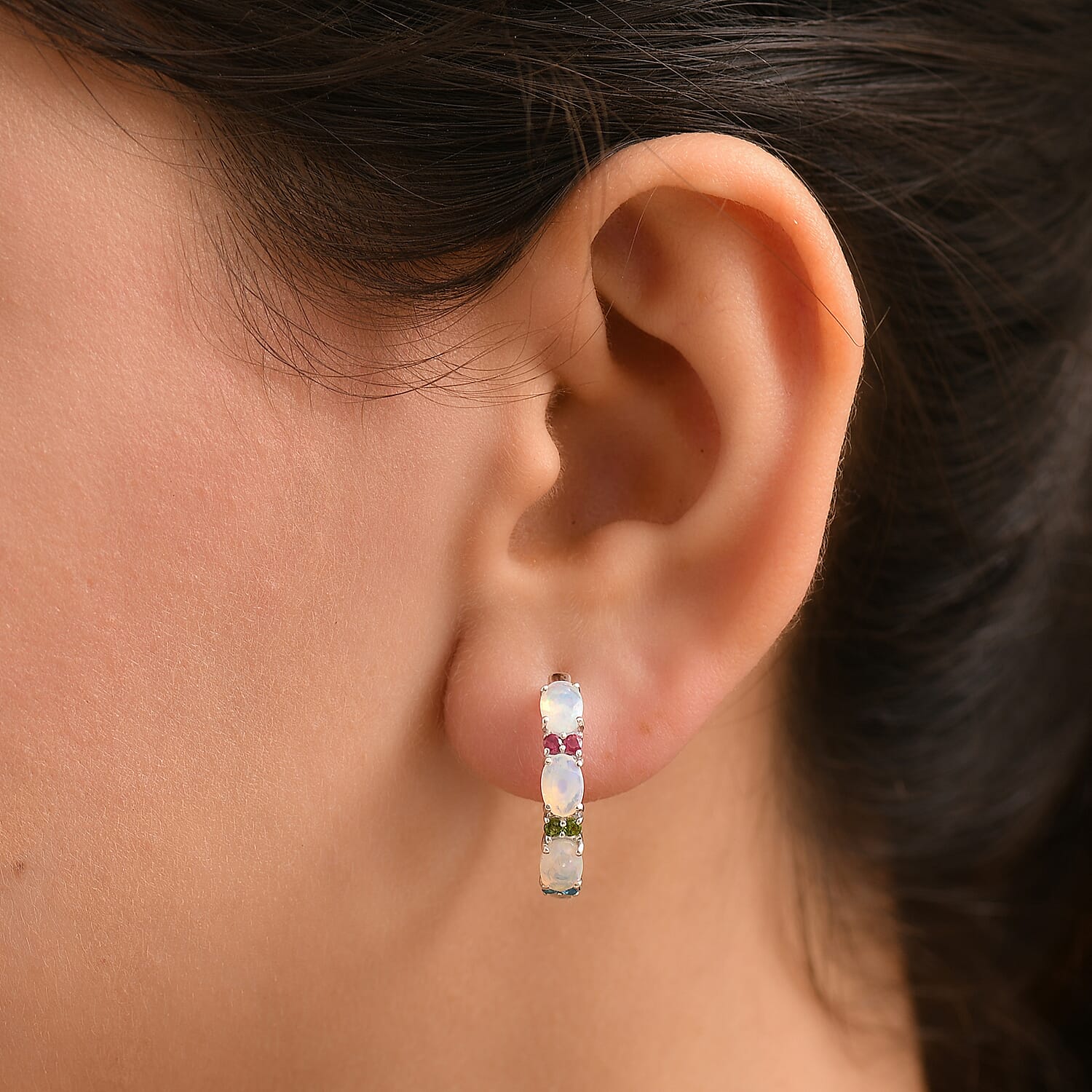 Ethiopian Faceted Opal & Multi Gemstones Earring with Clasp in Rhodium Overlay Sterling Silver 2.20 Ct.