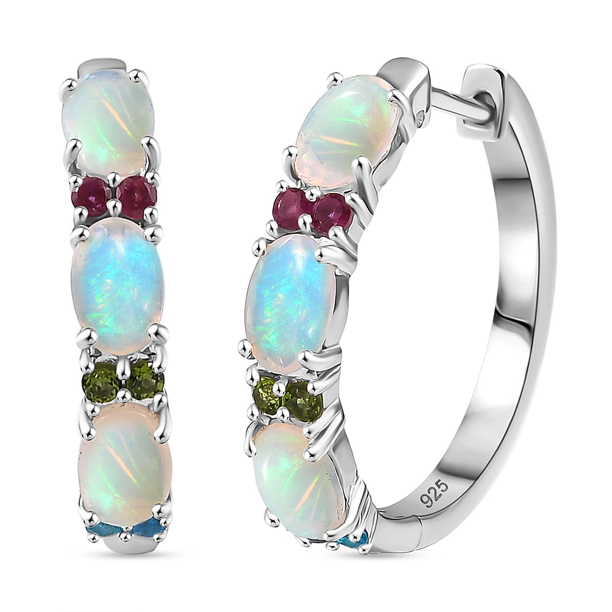 Ethiopian Faceted Opal & Multi Gemstones Earring with Clasp in Rhodium Overlay Sterling Silver 2.20 Ct.