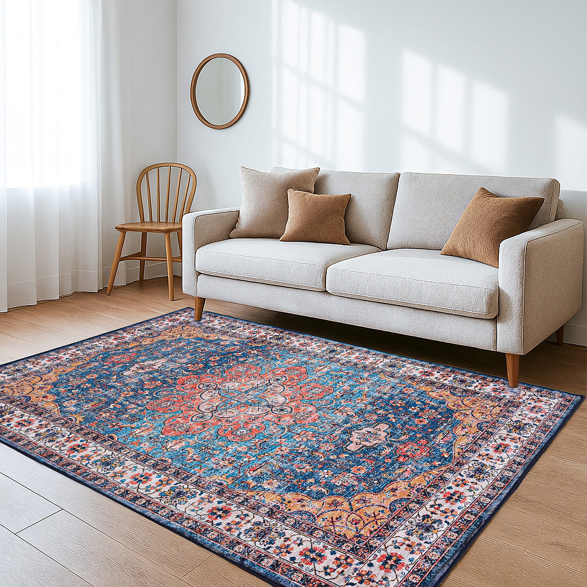 Vintage Printed Chenille Area Rug with Non-Slip Backing (180x120cm) - Multicolor