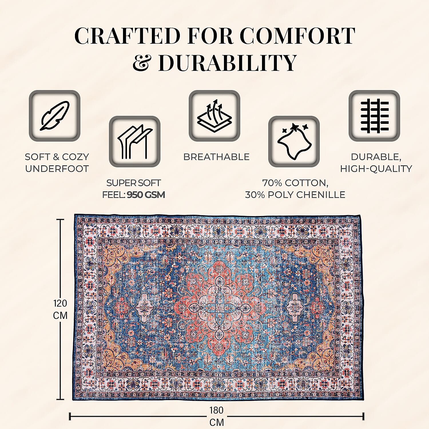 Vintage Printed Chenille Area Rug with Non-Slip Backing (180x120cm) - Multicolor