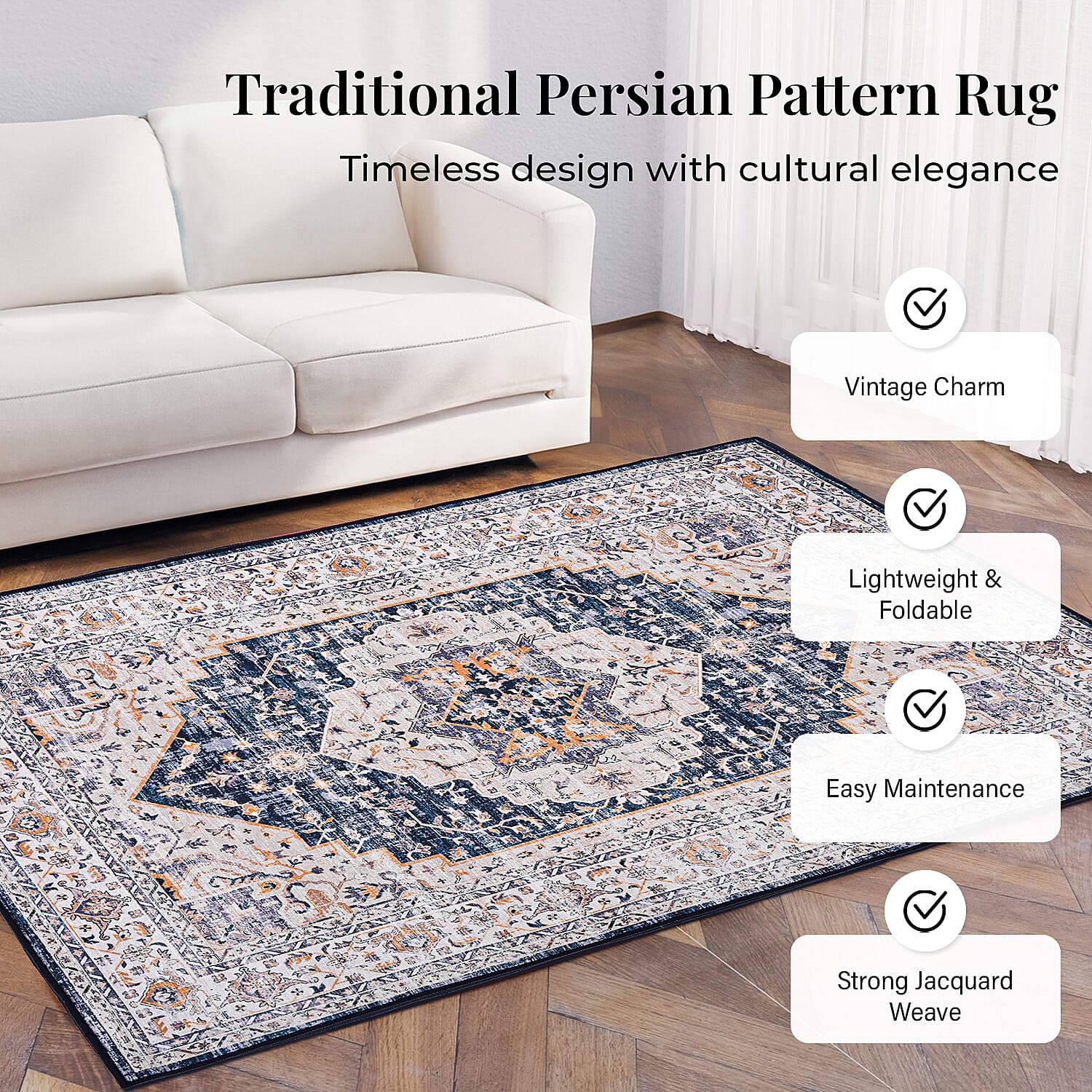 Vintage Printed Chenille Area Rug with Non-Slip Backing (180x120cm) - Off White & Multicolor