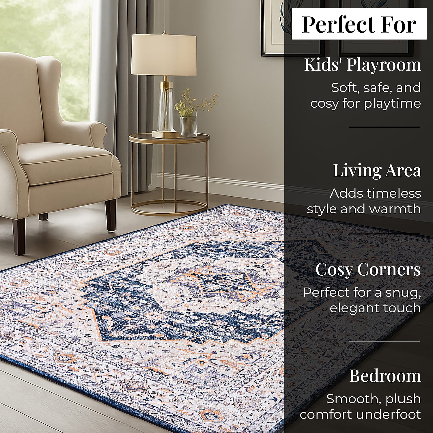 Vintage Printed Chenille Area Rug with Non-Slip Backing (180x120cm) - Off White & Multicolor