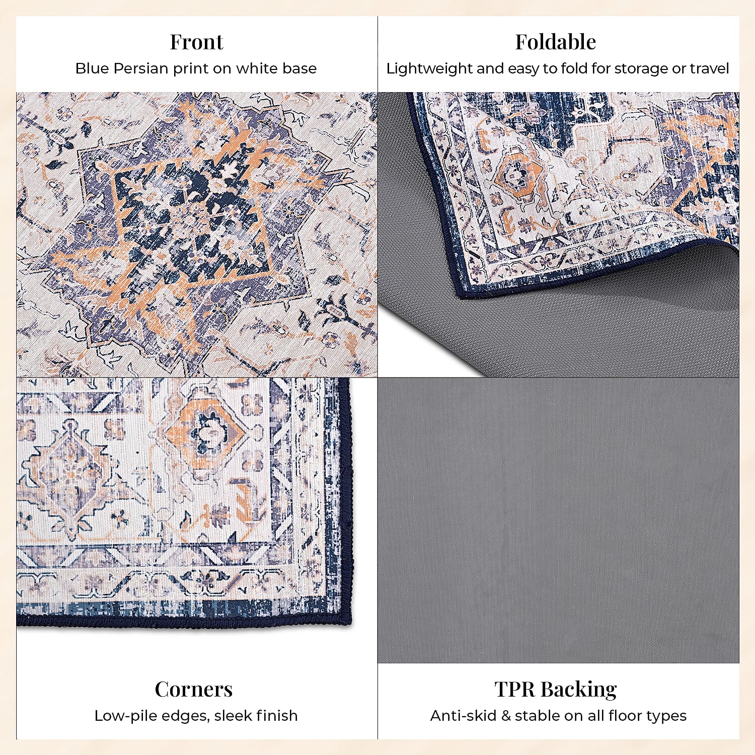 Vintage Printed Chenille Area Rug with Non-Slip Backing (180x120cm) - Off White & Multicolor