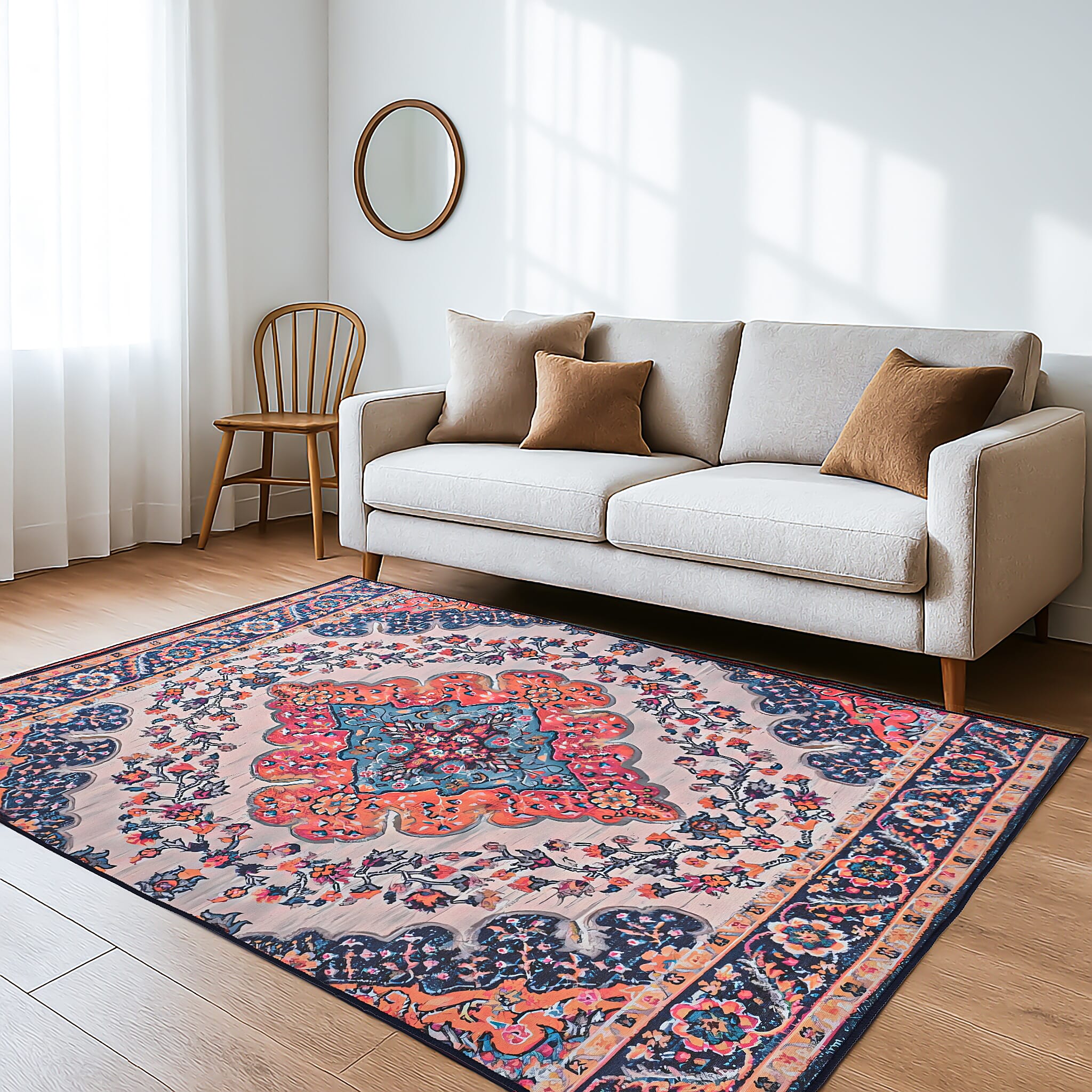 Vintage Printed Chenille Area Rug with Non-Slip Backing (180x120cm) - Blue and Multicolor