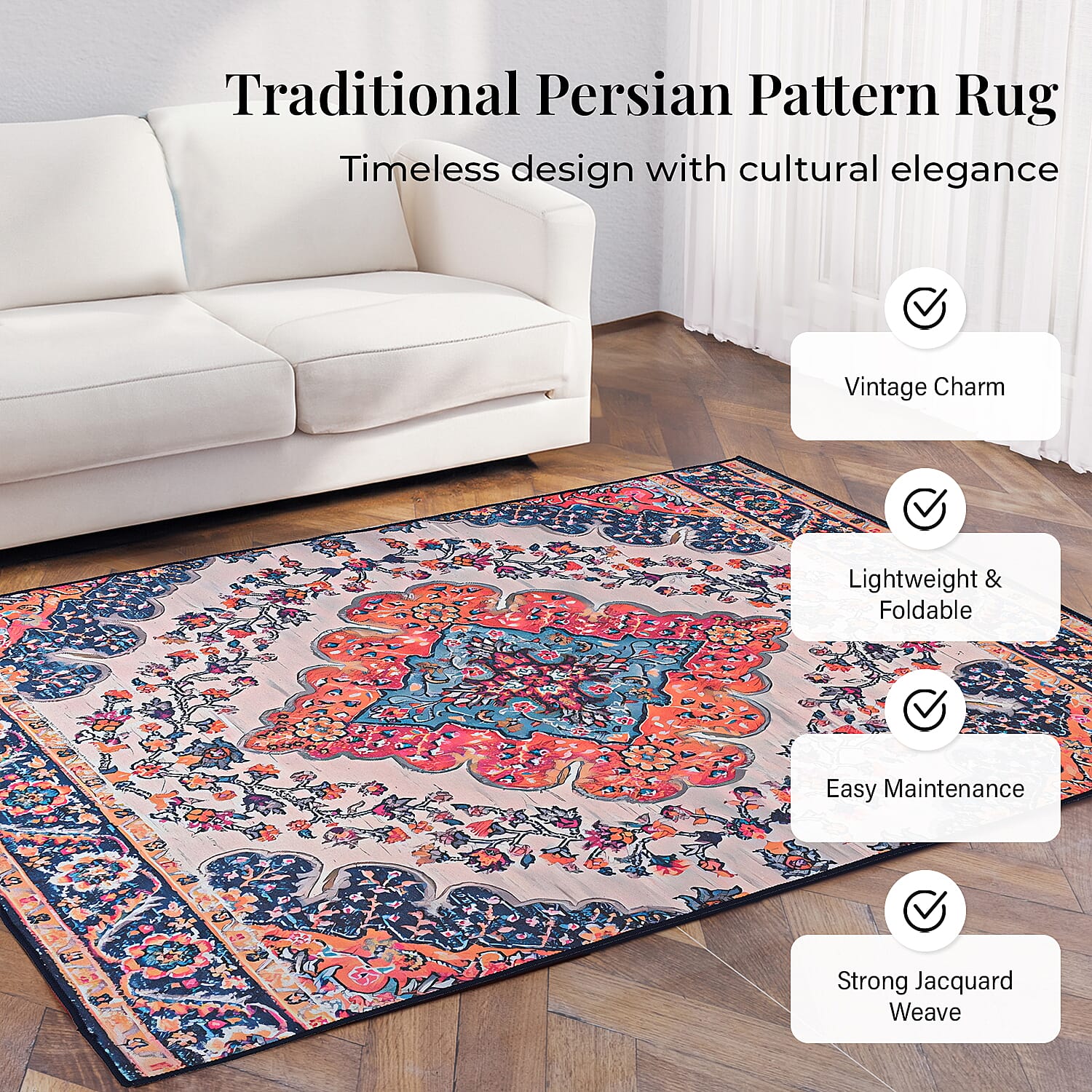 Vintage Printed Chenille Area Rug with Non-Slip Backing (180x120cm) - Blue and Multicolor