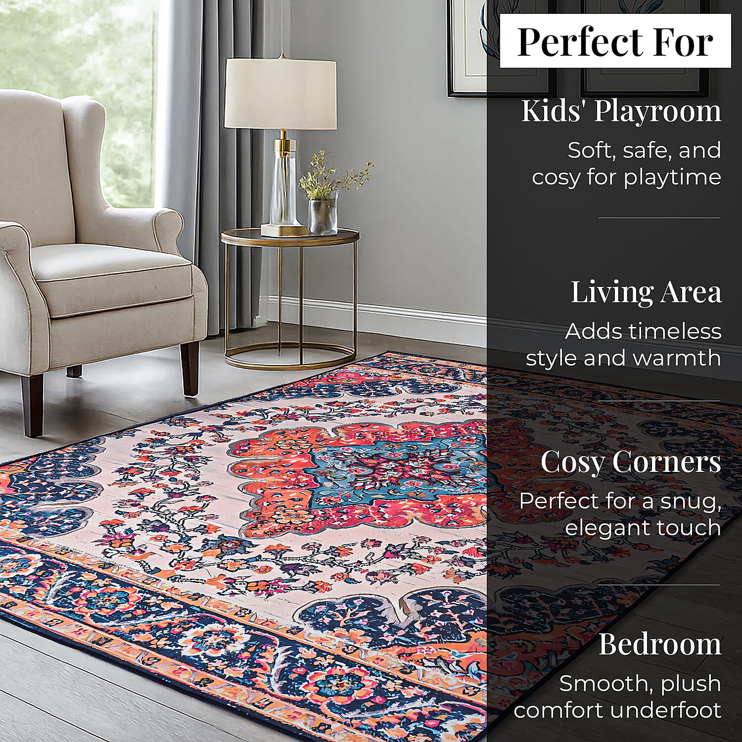 Vintage Printed Chenille Area Rug with Non-Slip Backing (180x120cm) - Blue and Multicolor