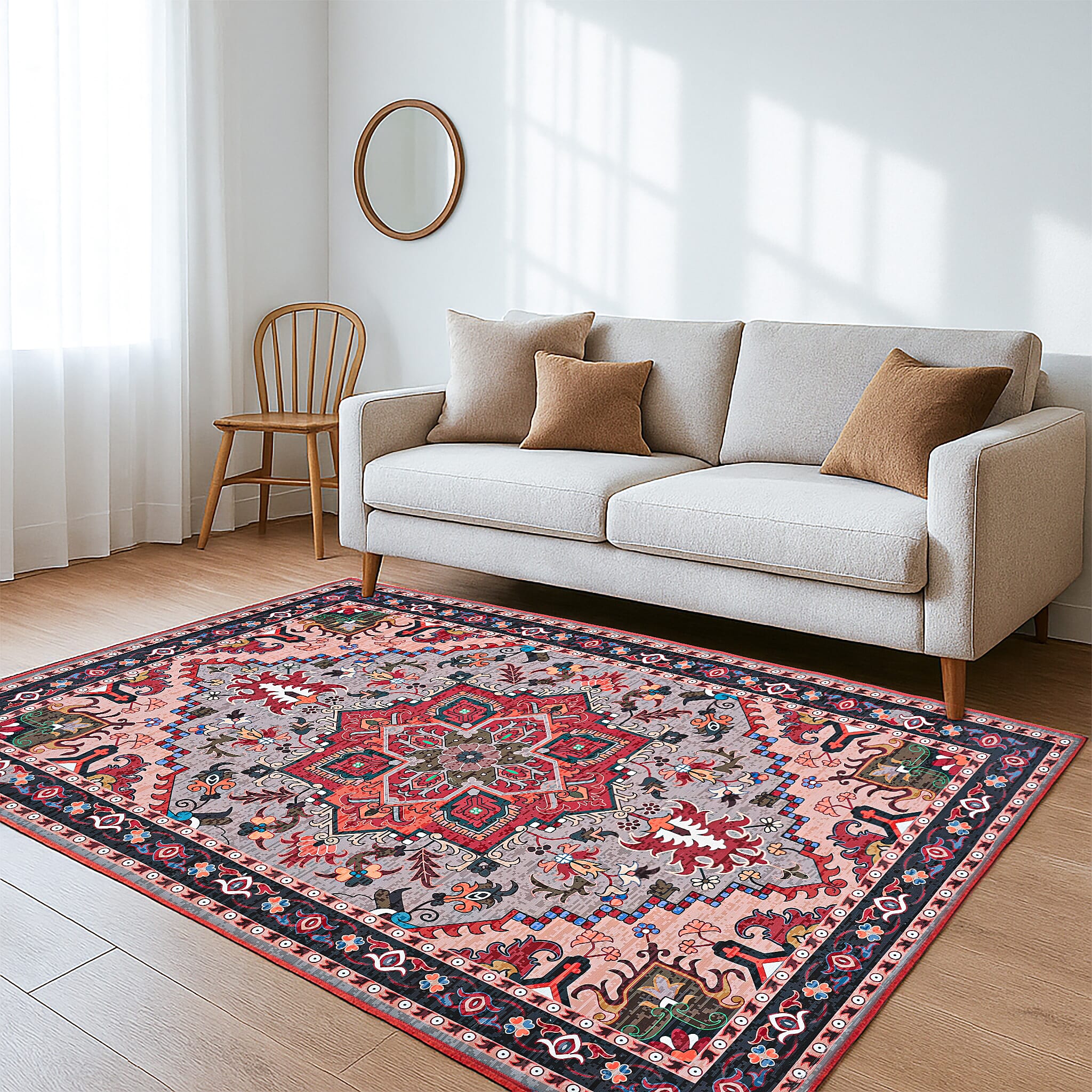 Vintage Printed Chenille Area Rug with Non-Slip Backing (180x120cm) - Red & Multicolor