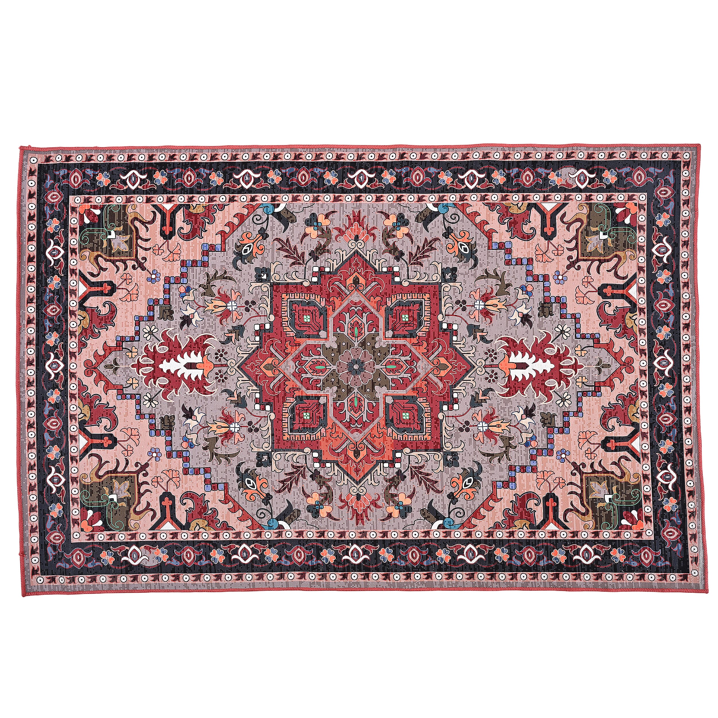 Vintage Printed Chenille Area Rug with Non-Slip Backing (180x120cm) - Red & Multicolor