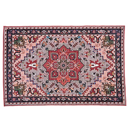 Vintage Printed Chenille Area Rug with Non-Slip Backing (180x120cm) - Red & Multicolor