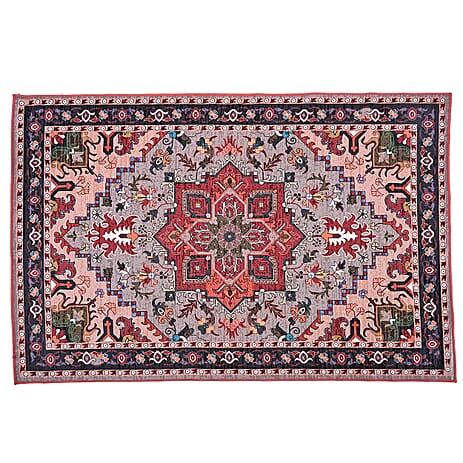 Vintage Printed Chenille Area Rug with Non-Slip Backing (180x120cm) - Red & Multicolor