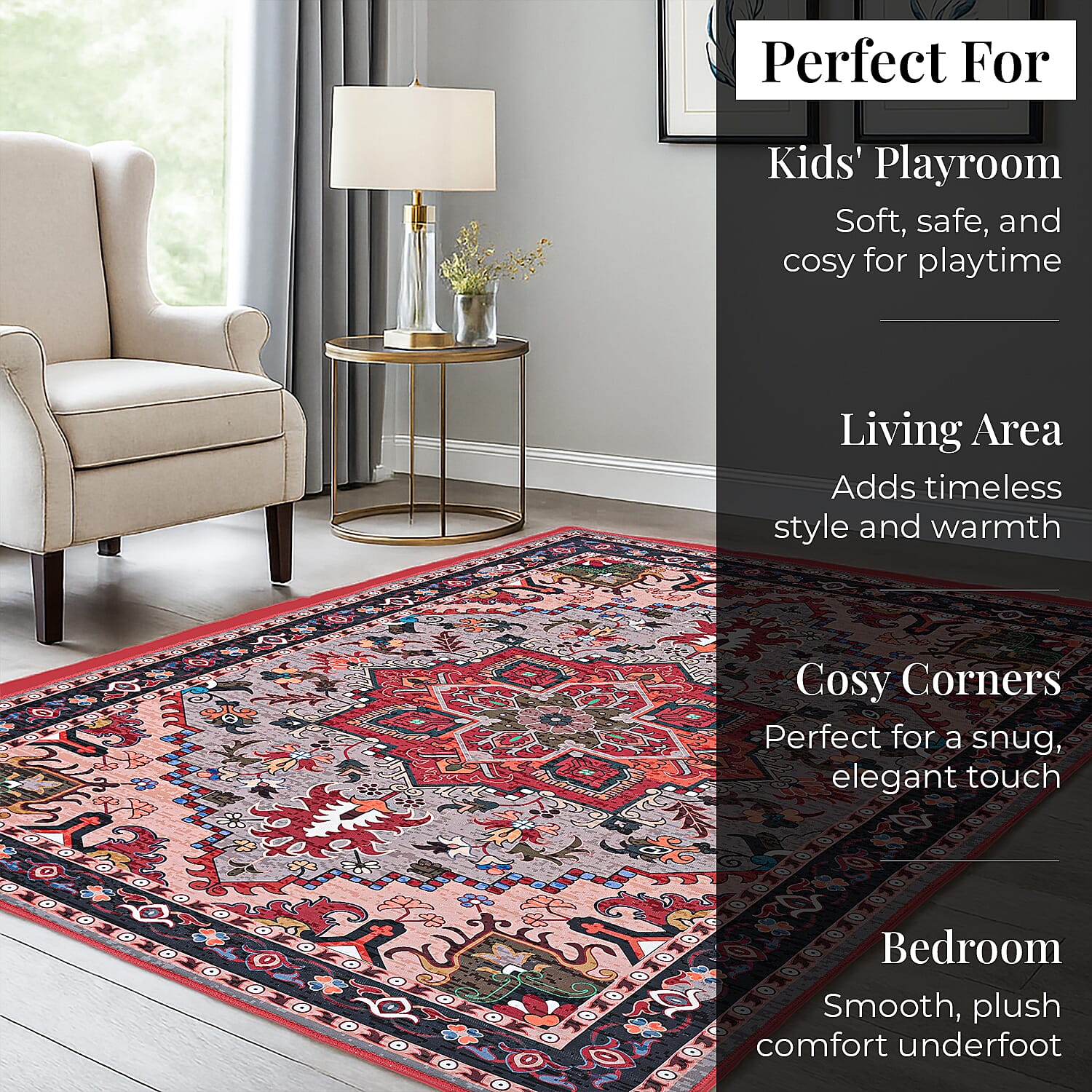 Vintage Printed Chenille Area Rug with Non-Slip Backing (180x120cm) - Red & Multicolor