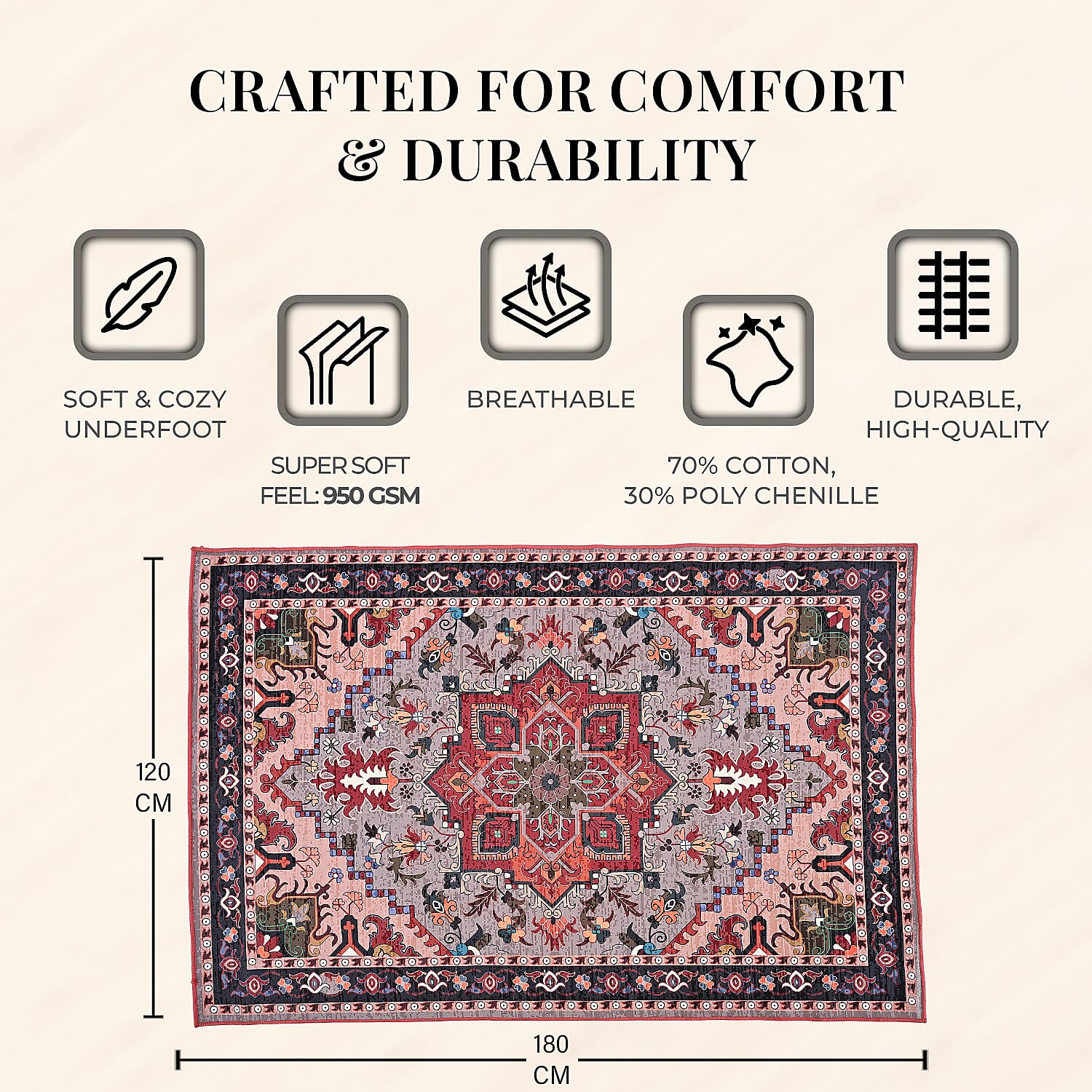 Vintage Printed Chenille Area Rug with Non-Slip Backing (180x120cm) - Red & Multicolor