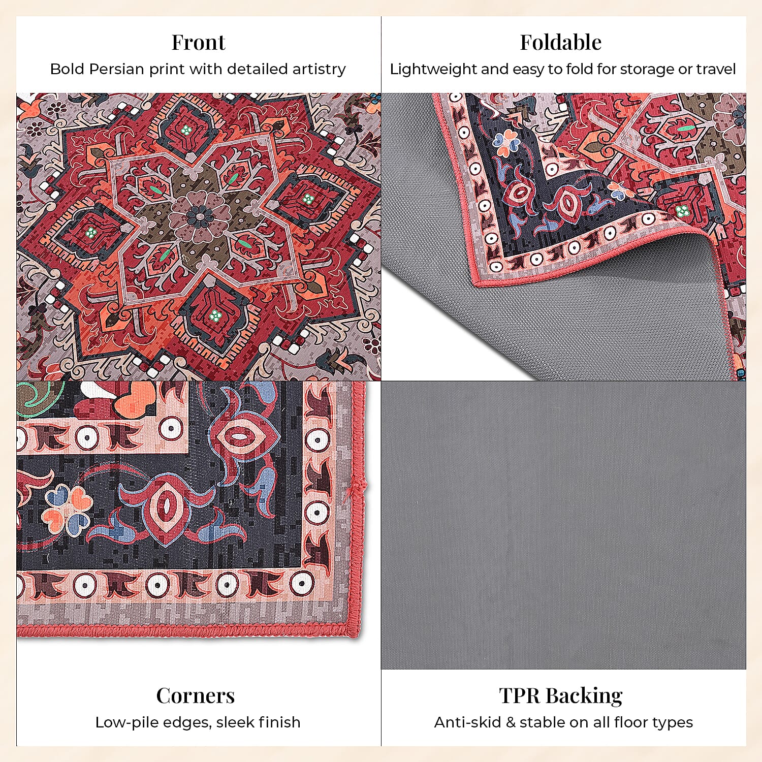 Vintage Printed Chenille Area Rug with Non-Slip Backing (180x120cm) - Red & Multicolor