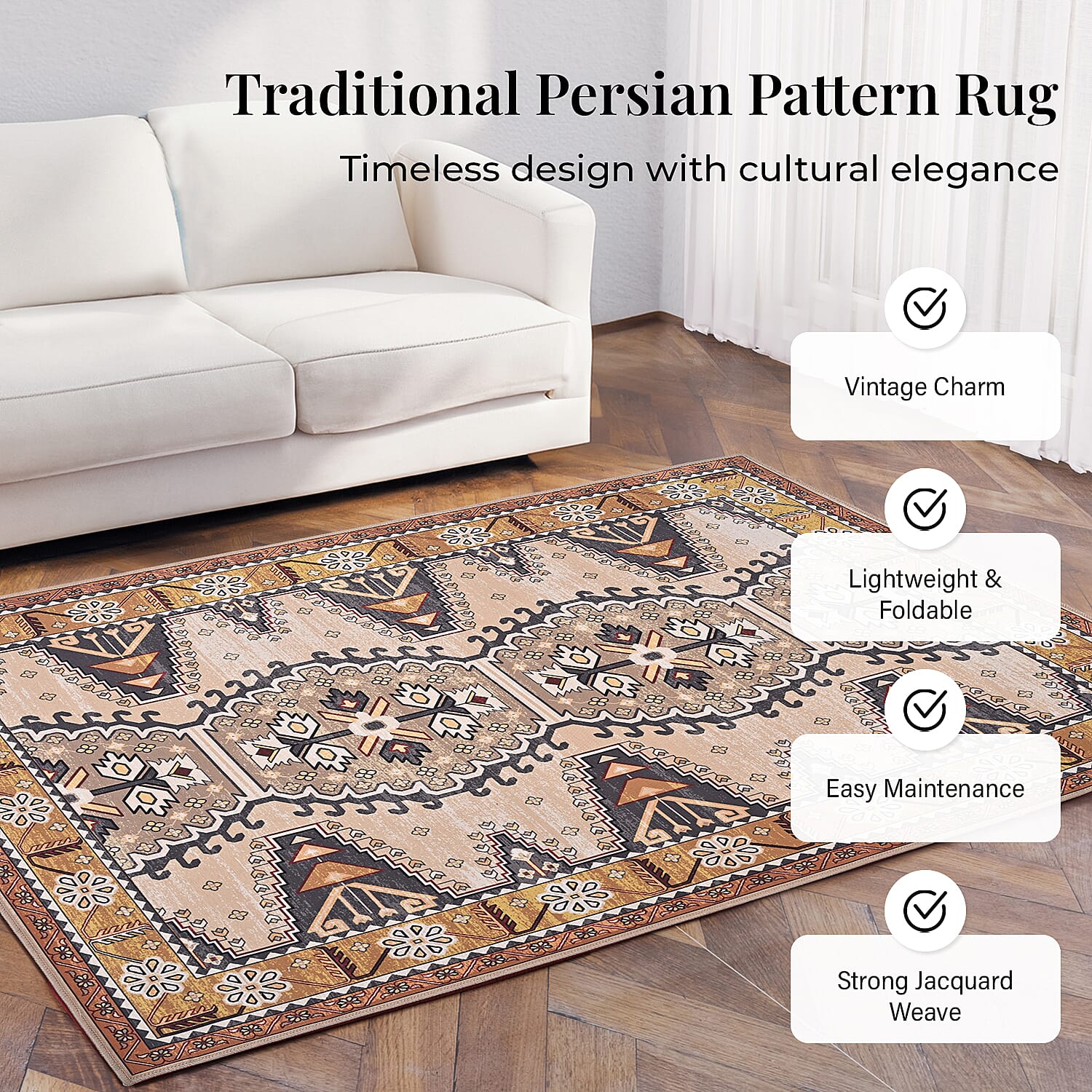 Vintage Printed Chenille Area Rug with Non-Slip Backing (180x120cm) - Multicolor