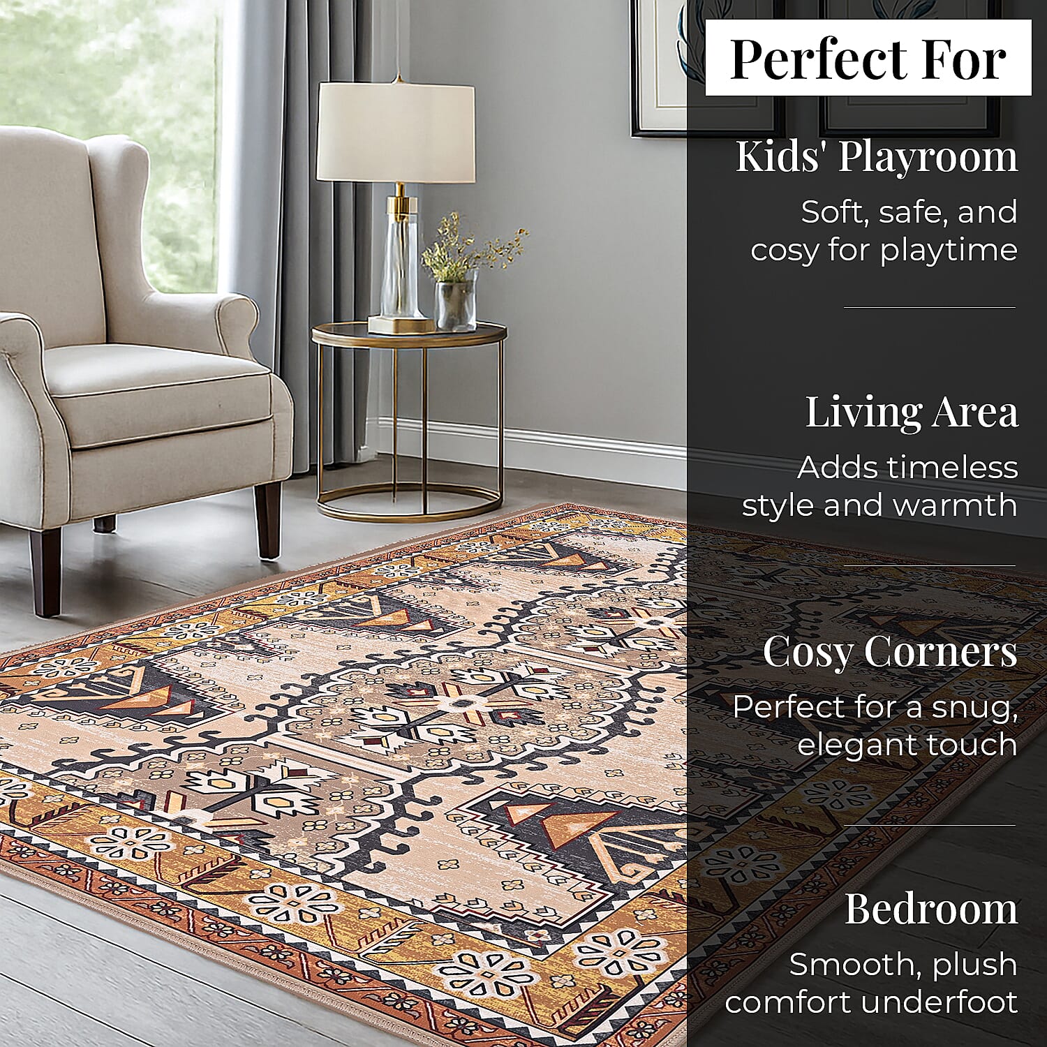 Vintage Printed Chenille Area Rug with Non-Slip Backing (180x120cm) - Multicolor