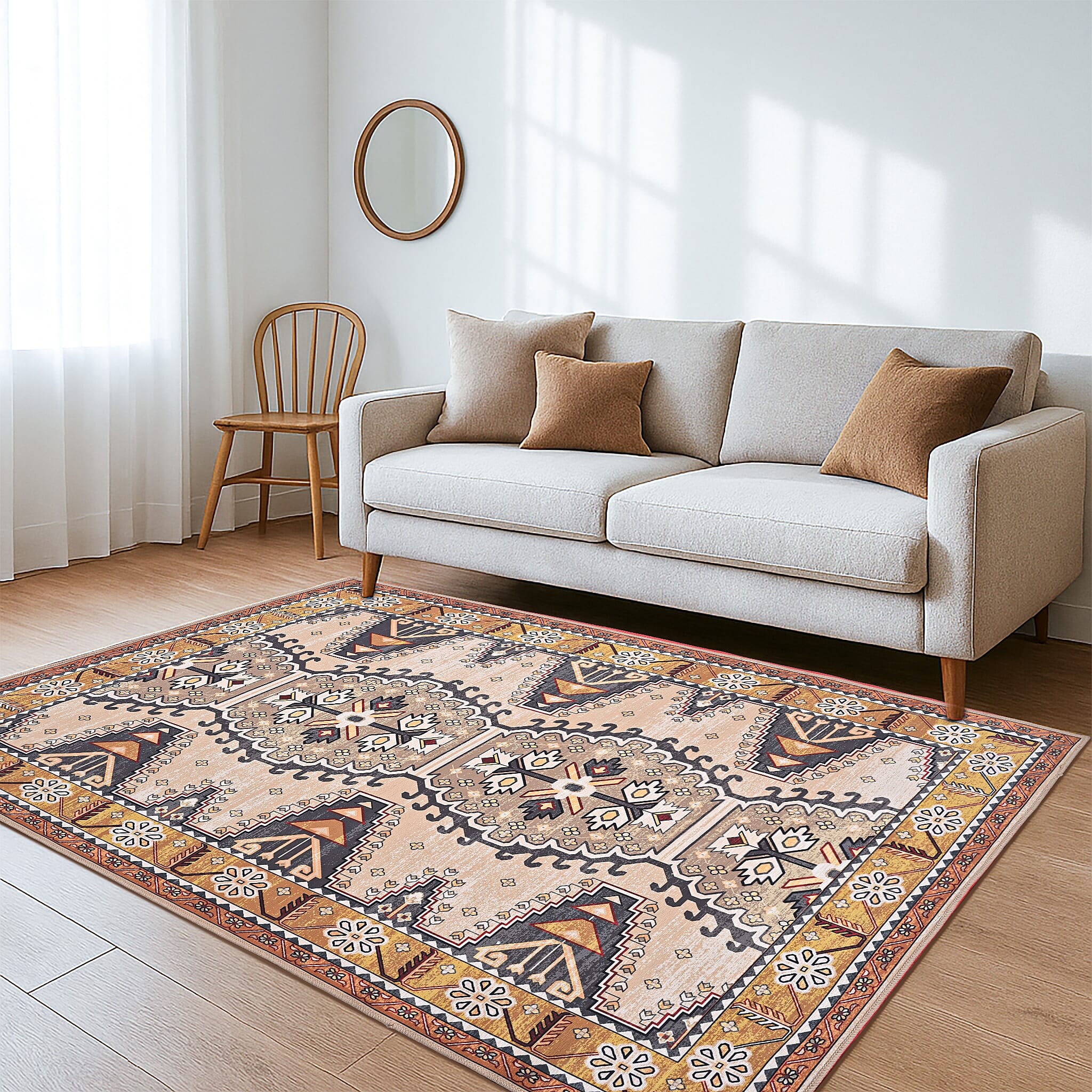 Vintage Printed Chenille Area Rug with Non-Slip Backing (180x120cm) - Multicolor